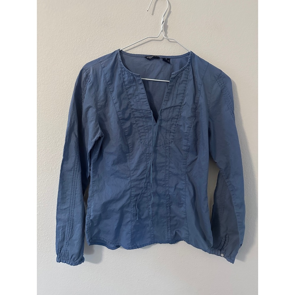 American Eagle Blouse 4 Blue Preppy V-Neck Pintuck Cotton Long Sleeve Top